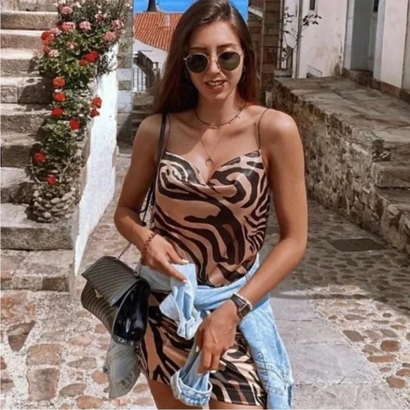 Zara Tiger Animal Print Cowl Neck Satin Slip Mini Dress Size Medium Brown Tan - Picture 4 of 16